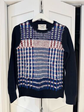 Abercrombie & Fitch Navy Crewneck Sweater with Red, White & Blue Plaid